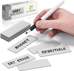 2DOBOARD Magnetstreifen beschreibbar - 7,5 cm x 2,5 cm Grau - 25 Stück - Wochenplaner, Organizer – Für Metallschränke, Kühlschränke, magnetische Oberflächen