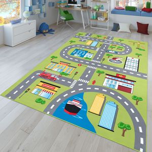Kinder-Teppich, Spielteppich Für Kinderzimmer Mit Straßen-Muster Und Autos, Grün Größe 80x150 cm