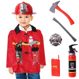 TE-Trend Feuerwehr Kostüm Kinder Spielzeug Jungen Mädchen Karneval Halloween mit Feuerwehrhelm Brecheisen und Wasserspielzeug 3 4 5 6 7 Jahren rot