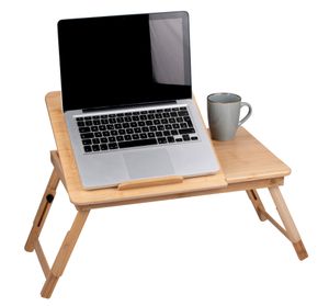 Laptoptisch Verstellbar - Bettisch für Laptop - Laptop Ständer Bett - 21,5 x 27,5 CM - Betttisch Klappbar - mit Getränkehalter und Tablet-Steckplatz – Bambusholz
