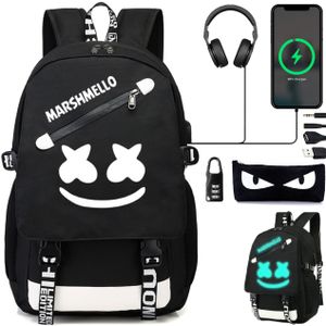 Marshmello reflexný batoh pre tínedžerov nepremokavý reflexný školský batoh s USB, nabíjanie, počúvanie hudby, profesionálny uzáver na visiaci zámok