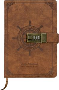 HMF Notizbuch mit Schloss, Tagebuch liniert mit Code, Vintage, Kunstleder, A5, Braun