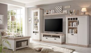 Landhaus Wohnwand und Couchtisch FERNA-61 Pinie weiß und Oslo dunkel Nb. B x H x T ca.: 330 x 201 x 44 cm