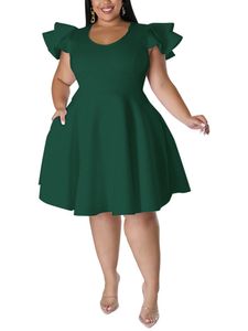 Damen Abendkleider Rüschenhülle Große Größe Midi Kleid Einfarbig Sommerkleid Ballkleid Dunkelgrün,Größe XL