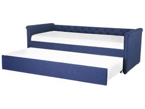 BELIANI Tagesbett Ausziehbett Blau 90 x 200 cm Ausziehbar Polsterbezug Leinenoptik Mit Lattenrost Knopfverzierung Praktisch Modern