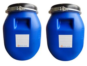 kanister-vertrieb® 2 Stück 30 Liter Deckelfass, Kunststofffass, Futtertonne, Fass, Weithalsfass Farbe blau mit Griffmulde inkl. Etikett (2 x 30 DGM)