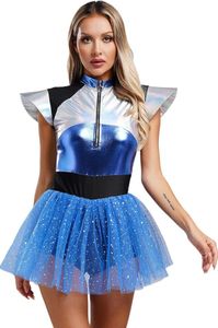 Damen Astronauten-Kostüm Gr. M Weltall-Design – Glänzender Body mit Tutu-Tüllkleid, Raumfahrer-Cosplay-Outfit für Shows, Halloween&Karneval&Partys