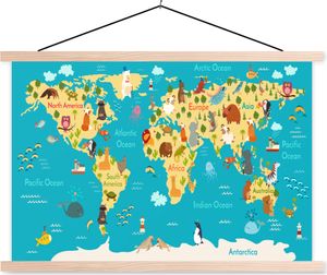 MuchoWow® Textilposter Weltkarte - Kinder - Tiere - Gelb - Blau - Jungen - Mädchen 60x40 cm mit holzfarbenen Rahmen - Bilder