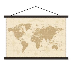 MuchoWow® Textilposter Weltkarte - Vintage - Retro 60x40 cm mit schwarzem Rahmen - Hölzernes