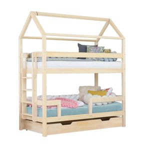 Benlemi Sada: Domečková patrová postel MONTY 90x200 cm s dřevěným úložným šuplíkem BUDDY na kolečkách s roštem Přírodní Imitace bez laku