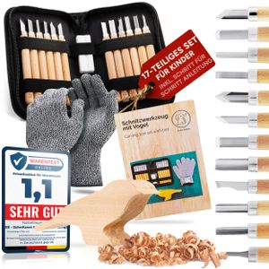 Eli® Schnitzset für Kinder (17-teilig) inkl. Schnitzanleitung - Rohling aus Holz Motiv Vogel - 12 Schnitzwerkzeug mit Schleifstein mit prakt. Tasche