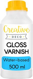 Creative Deco Glanz-Lack Firnis | 500 ml Flasche | Oberflächenfinish auf Wasserbasis | Permanenter farbloser Lack | Verwendung im Innen- und Außenbereich | Perfekt für Bastelprojekte und Gemälde