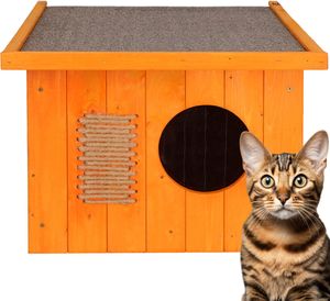 Springos® Katzenhaus aus Holz Outdoor Katzenhütte 49,5 x 58 x 36 cm Tür mit Lamellen Flachdach Wetterfest Isolierte Wände winterfest isoliert