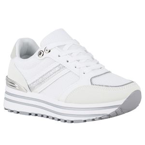 VAN HILL Damen Plateau Sneaker Schnürer Glitzer Profil-Sohle Schuhe 841208, Farbe: Weiß, Größe: 40