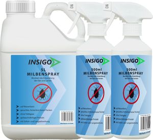INSIGO 5L + 2x500ml Anti-Milbenspray, Mittel gegen Milben Milbenbefall Milbenfrei Schutz gegen Eier auf Wasserbasis, fleckenfrei, geruchlos, mit Schnell- & Langzeitwirkung frei EX