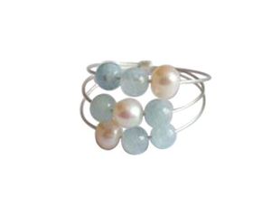 Damen Ring 925 Silber Aquamarin Perlen Blau Weiß Ringgröße:50 (15.9)