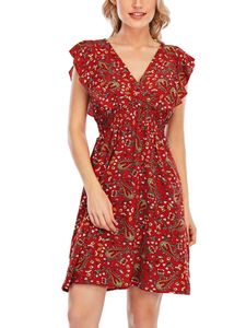Damen Sommerkleider Boho Kleid V-Ausschnitt Kleider Strandkleid Rüschen Blumenkleid Rote Cashewblume Blume,Größe S
