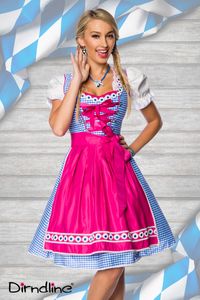 Dirndline Damen Dirndl Oktoberfest Trachtendirndl Partykleid Fasching Karneval, Größe:L, Farbe:pink/blau/weiß