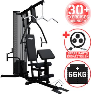 Physionics® Kraftstation - Hantelscheiben 66 kg, Verstellbar, Latzug, Butterfly, Beincurl, Armcurl - Fitnessstation, Multistation, Trainingsstation, Multifunktion Hantelbank, Homegym, Multi-Gym