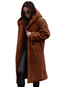 Damen Fleecejacken Lang Hoodie Mantel Warm Winterjacke Einfarbig Jacke Mit Taschen Lose Rotbraun, Größe M