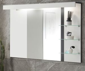 Badezimmer Spiegel "Design-D" in weiß Hochglanz und schwarz Badspiegel mit Ablage und LED Beleuchtung 120 x 85 cm