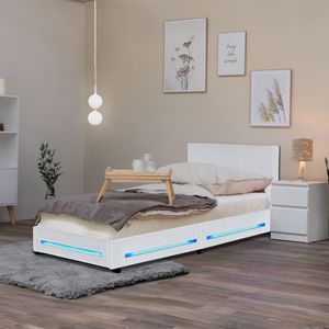 HOME DELUXE - LED Bett ASTEROID 90 x 200 cm Weiß Polsterbett Bett inkl. Lattenrost