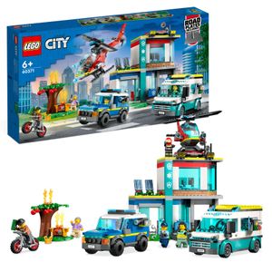 LEGO 60371 City Hauptquartier der Rettungsfahrzeuge mit Feuerwehr-Hubschrauber, Krankenwagen, Motorrad und Polizeiauto, Spielzeug für Kinder ab 6 Jahren