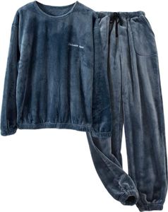 ASKSA Herren Pyjama Lang Schlafanzug Set Winter Fleece Zweiteiliger und Schlafhose Set Weich Flanell Nachtwaesche Loungewear,Blau,XL