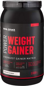 Body Attack Power Weight Gainer, 100% Masseaufbau, Kohlenhydrat-Eiweißpulver zum Muskelaufbau mit Whey-Protein, ideal für Hardgainer (Cookies n Cream, 1,5 kg)