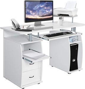 COSTWAY Computertisch mit Tastaturauszug und Schubladen, Schreibtisch Druckerablage, Bürotisch Arbeitstisch PC-Tisch weiß