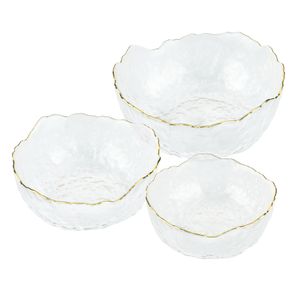 Navaris Glasschüssel Set mit goldenem Rand - 3 Größen - Glas Servierschüssel Set für Salat Dessert Obst Snacks - Salatschüssel Glasschale rund