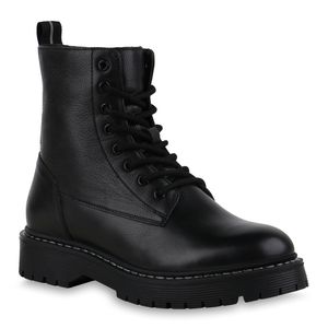 Mytrendshoe Damen Worker Boots Stiefeletten Blockabsatz Schnürer Prints Schuhe 836076, Farbe: Schwarz Grau, Größe: 40