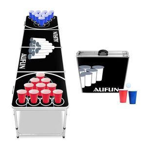 LZQ Beer Pong Tisch Set inkl. 5 Bälle und 100 Bechern in Rot und Blau (je 50 STK.) Höhenverstellbar Bierpongtisch Spieltische Partyspiele Trinkspiele