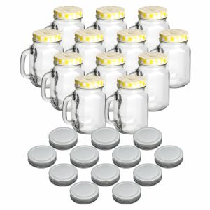 gouveo 12er Set Trinkgläser 450 ml mit Deckel gelb, silberfarben - Trinkglas mit Henkel und Drehverschluss - Henkelgläser mit Deckel