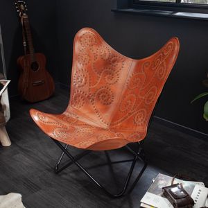 Retro Lounge Sessel BUTTERFLY hellbraun Echtlederbezug mit Ziernieten Relaxsessel Ledersessel Wohnzimmersessel
