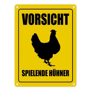 Vorsicht spielende Hühner Metallschild mit Huhn Motiv Hühner Hahn Warnung Henne