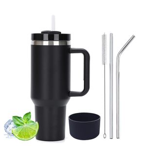 1200 ml Doppelwandiger Edelstahl Vakuum Isolierbecher mit Griff Becher 40 oz Thermobecher mit Strohhalm aus und Silikonabdeckung, schwarz, 5, 1200ml