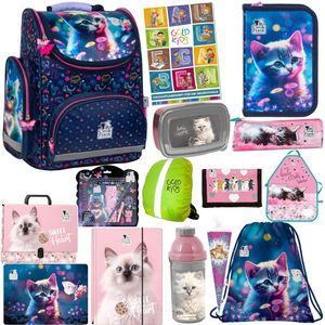 Schulranzen für Jungen und Mädchen - Schul-Rucksack für Kinder mit Schuhbeutel Federmäppchen mit Ausstattung- Hausaufgabenheft - Katze Motiv