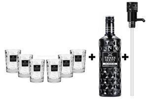 Three Sixty Set Geschenkset ? Three Sixty Black Vodka Wodka 3L 3000ml (42% Vol) + 6x Tumbler 0,2l 200ml Facettenschliff Glas + Pumpe- [Enthält Sulfite]