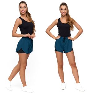 MORAJ Damen Sport Shorts 1500-004 Kurze Hose Zweilagige Laufshorts Leggings Laserperforation - Schwarz + Blau - XL