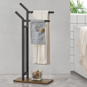 Handtuchhalter Telavi ohne Bohren Schwarz Holz-Optik stehend Badezimmer Handtuchständer Stahl Handtuchstange