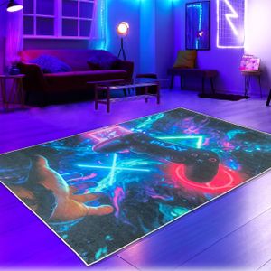 Auffälliger Gaming-Teppich mit lebendig-bunten neon-farbigen Symbolen und schwebendem Controller Größe - 120 x 170 cm