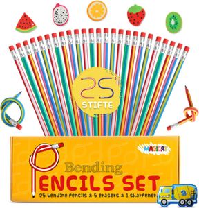Magicat Biegebleistifte Kinder Set, 25 flexible Bleistifte, 5 süße Radiergummis und 1 Anspitzer, Mitgebsel für Kindergeburtstag, Kinder Party