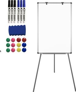 LZQ Flipchart mit Stativ - 60 x 90 cm,  höhenverstellbar 90-165cm, Staffelei/Stiftablage/mit zahlreichem Zubehör - Magnetisches Whiteboard, weiße Magnettafel