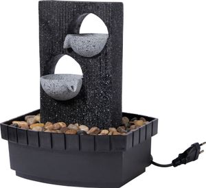 dobar Zimmerbrunnen in Steinoptik mit Deko-Steinen und zwei Schalen, Wasserspiel mit Pumpe für innen, Polyresin, 20,5 x 16,5 x 26 cm, grau-schwarz