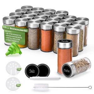 FRESHMASTER Gewürzgläser Spice Jars Set - 24 Stück ca.100 ml Premium Gewürzdosen mit Streueinsatz, Edelstahl Deckel mit Aroma Schutz, Einfülltrichter, Kreide Stift und Etiketten Set I Gewürzstreuer