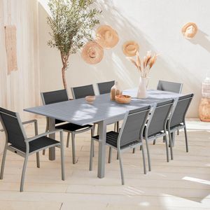 Ausziehbarer Tisch Gartengarnitur - Chicago Grau - Aluminiumtisch 175/245 cm mit Verlängerung und 2 Sessel miy Armlehnen und 6 Stühle ohne Armlehnen aus Textilene