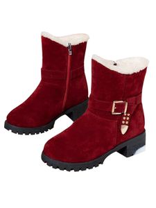 ABTEL Stiefeletten Mädchen Chunky Block Heel Winter Warme Schuhe Arbeiten Mit Mittlerem Kalbschuh rutschfestes Seiten Reißverschluss Schneeschuhe,Farbe:Rot,Größe:35