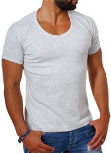 Young & Rich Herren Uni feinripp Basic T-Shirt tiefer runder V-Ausschnitt slimfit deep round V-Neck einfarbig 1874, Grösse:S, Farbe:Hellgrau