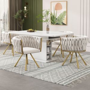Flieks Esszimmerstuhl 4er Polsterstuhl 360°drehbar, Küchenstuhl Schminkstuhl mit Samtbezug, Wohnzimmerstuhl mit Armlehnen und Stahlbeinen, Gold Beige